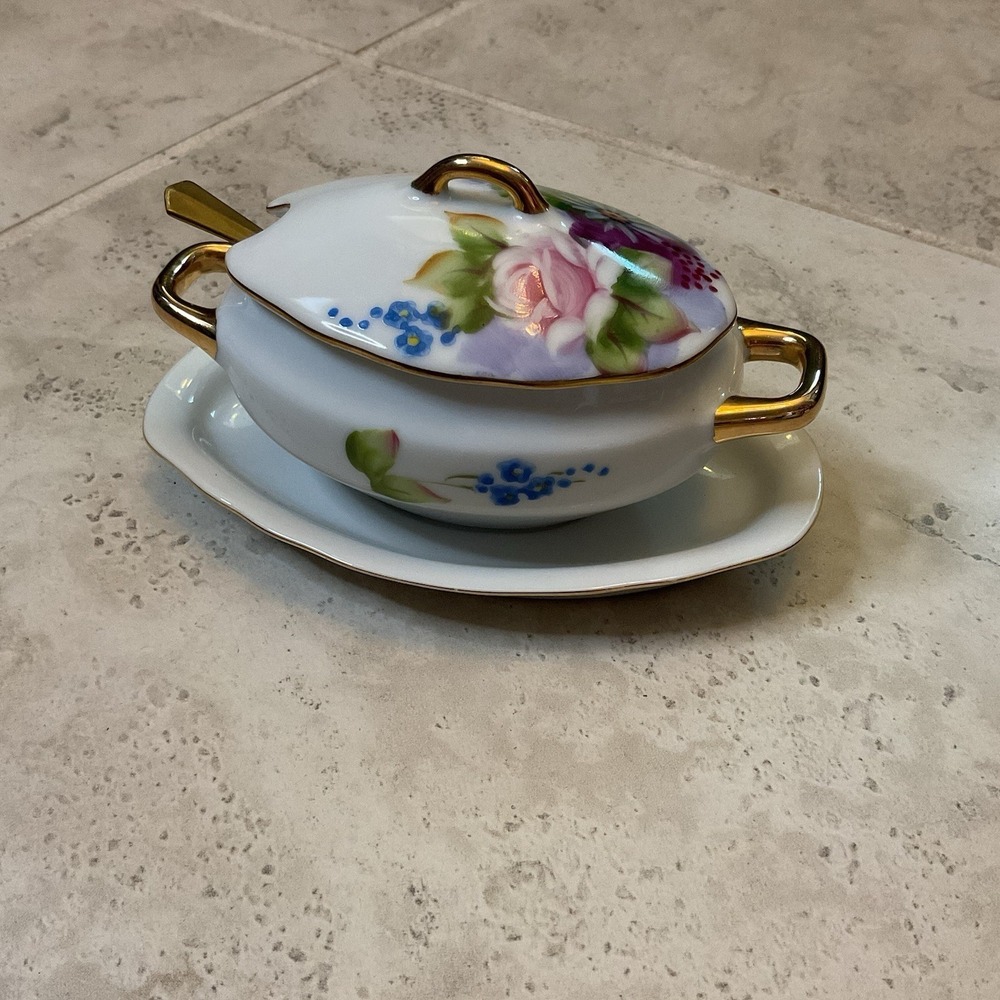 Lefton China Sugar Bowl With Attached Plate And Lid, 6" #4668 - Picture 2 of 4